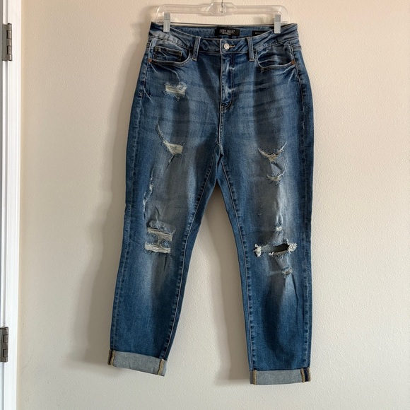 Judy Blue High Waist Cuffed Boyfriend Denim Jeans Distressed Straight Leg 11/30 - Picture 5 of 13